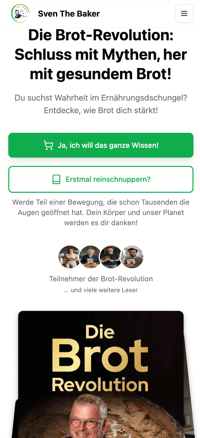 Mobile Landingpage „Sven The Baker" mit Headline „Die Brot-Revolution: Schluss mit Mythen, her mit gesundem Brot!" und zwei grünen CTA-Buttons.